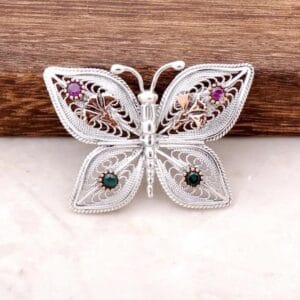 Filigree Butterfly Brooch: Sterling Silver, Rose Gold & Gemstones