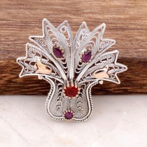 Handcrafted Sterling Silver Tulip Brooch: Red & Purple Gemstones, Rose Gold Accent