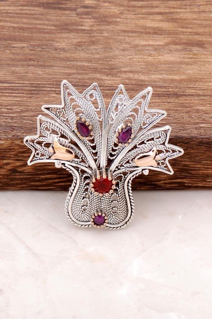 Handcrafted Sterling Silver Tulip Brooch: Red & Purple Gemstones, Rose Gold Accent