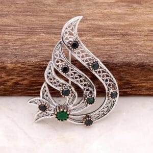 Ottoman Calligraphy Brooch: Sterling Silver Filigree with Green & Black Gemstones