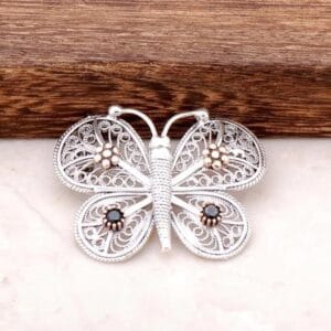 Handcrafted Sterling Silver Butterfly Brooch: Filigree, Black Gemstones & Rose Gold