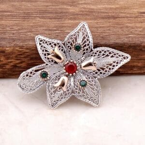 Filigree Sterling Silver Floral Brooch: Red Ruby, Rose Gold Bird Accents