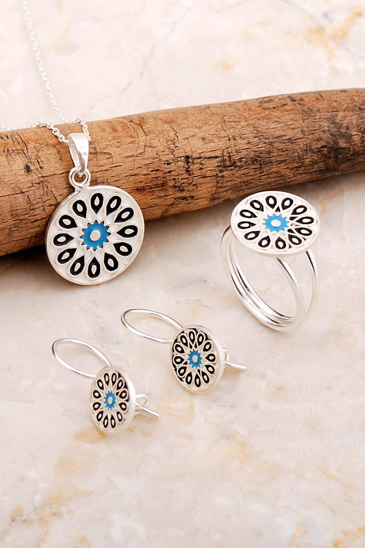 Handmade Anatolian Enamel 925 Sterling Silver Jewelry Set