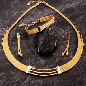 Handmade 22k Gold Plated 925 Silver Jewelry Set Midyat Woven Ribbed Dorika Necklace Bracelet Earrings