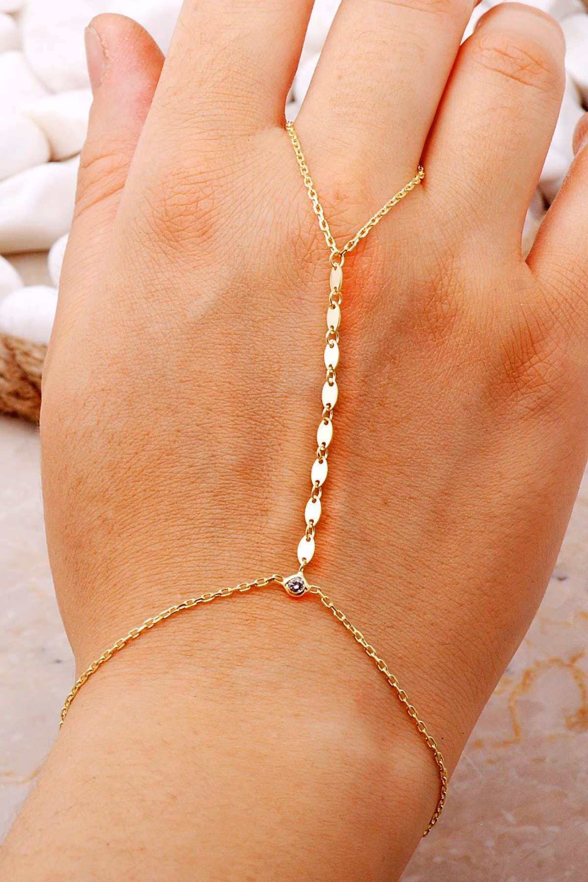 Handmade Gold Plated Zircon Sequin 925 Sterling Silver Hand Chain Bracelet