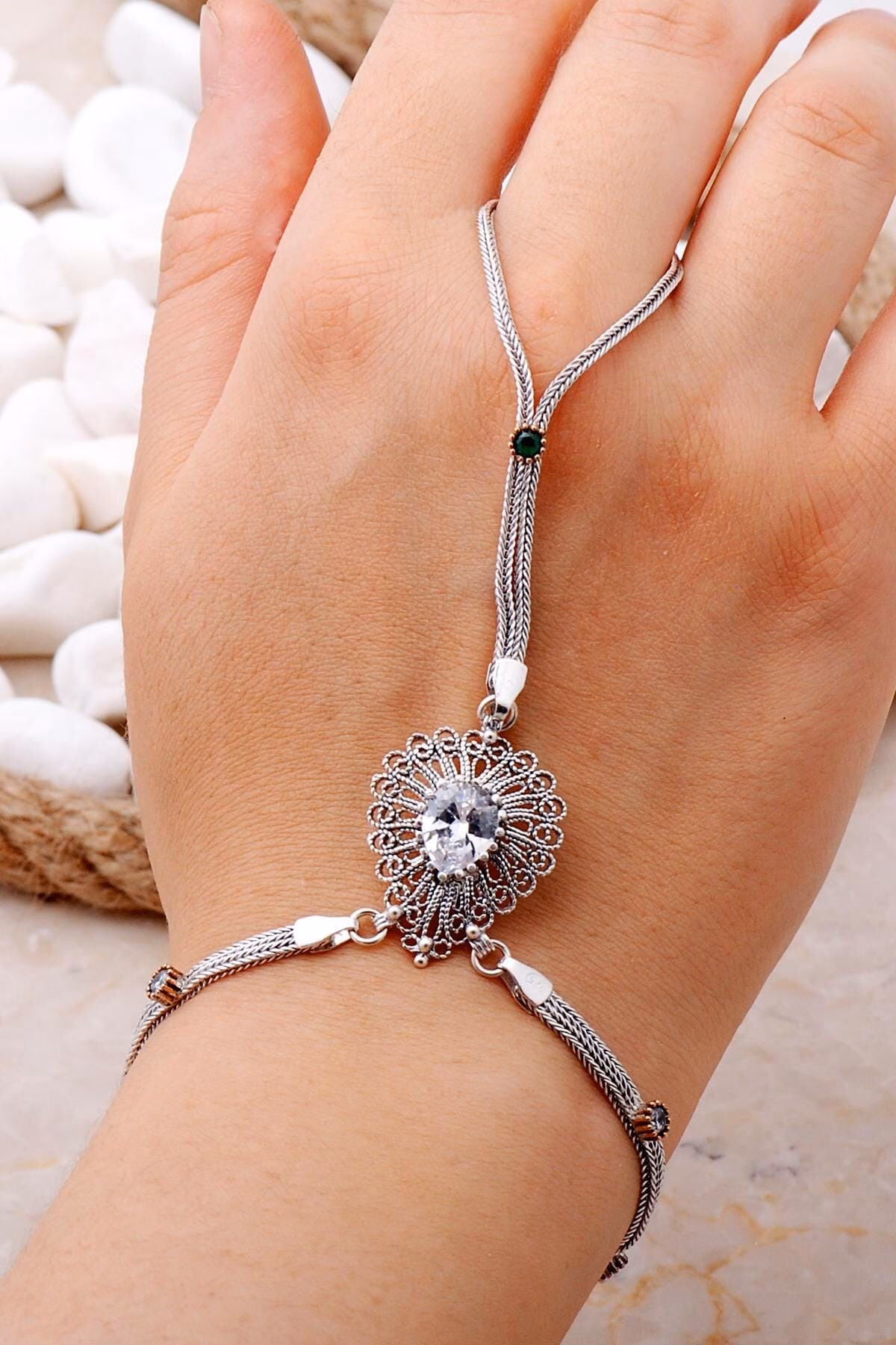 Handmade Zircon Filigree 925 Sterling Silver Sahmeran Hand Harness