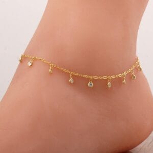 Handmade Gold Plated 925 Sterling Silver Dangle Anklet, Sparkling Zircon Boho Foot Bracelet with Extension
