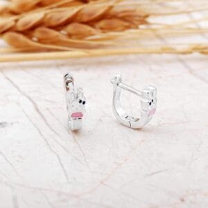 Handmade Enameled Bunny 925 Sterling Silver Kids Earrings Rhodium Plated Cute Jewelry