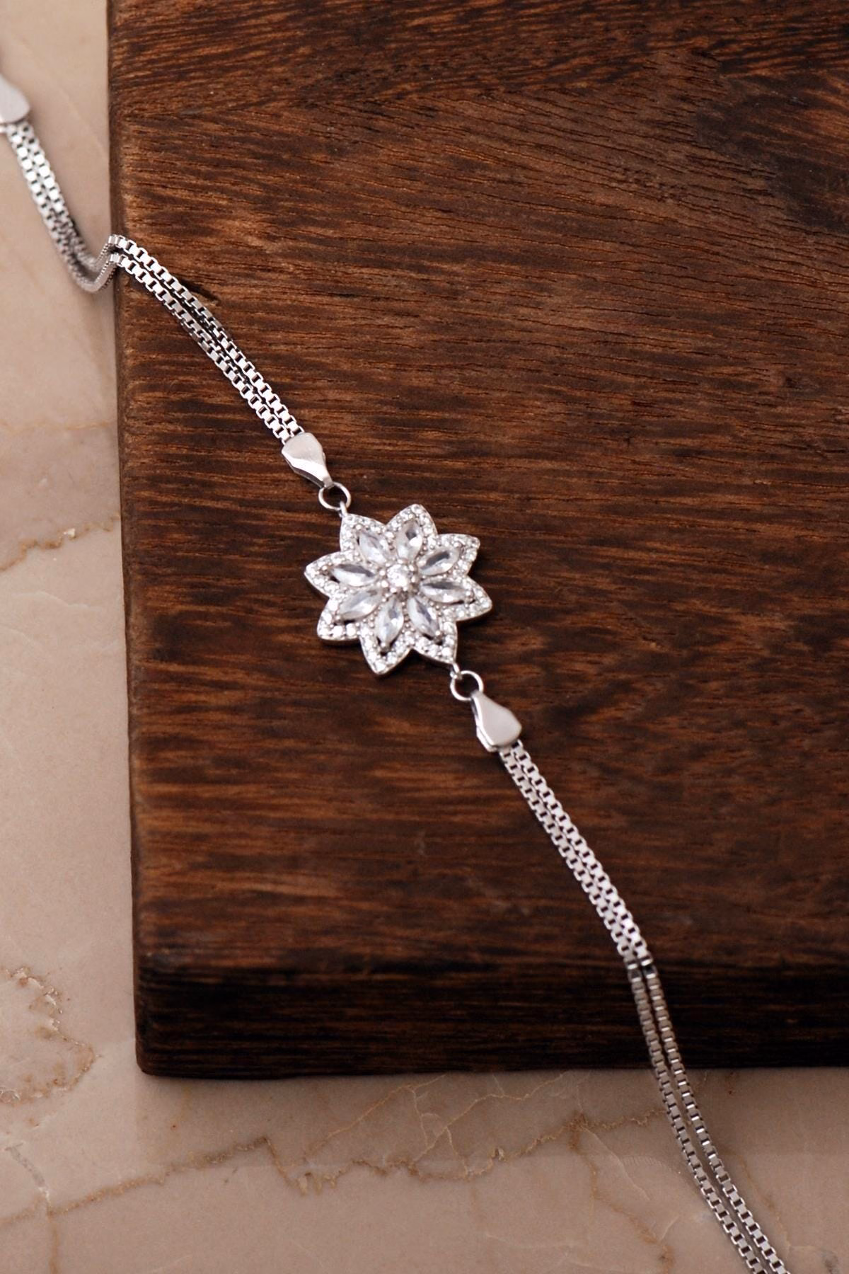 Handmade Lotus Flower Silver Bracelet 925 Sterling Zircon Gemstone - Image 2