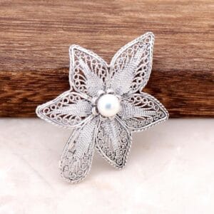 Handmade Pearl Flower Filigree 925 Sterling Silver Brooch