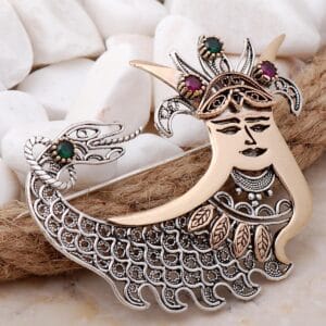 Handmade Shahmaran 925 Sterling Silver Filigree Brooch Pin Root Ruby Emerald