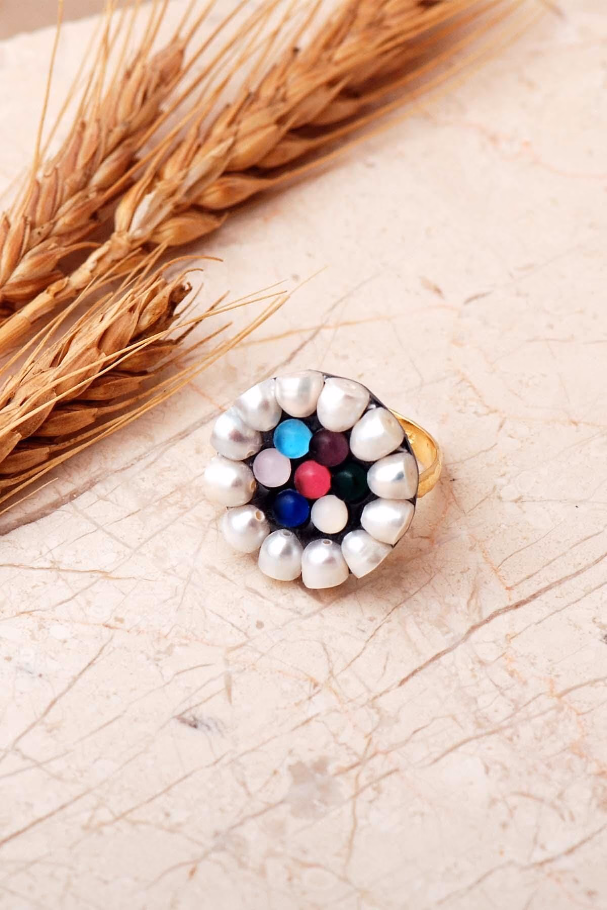 Handmade Pearl Colorful Quartz Gold Plated 925 Sterling Silver Ring - Image 2