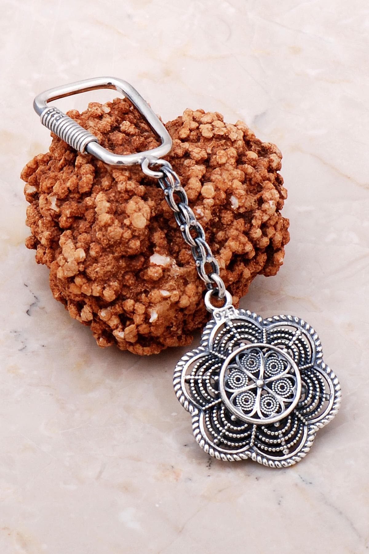 Handmade Daisy Filigree 925 Sterling Silver Keychain Oxidized Flower Key Ring