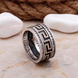 Handmade Cubic Zirconia Wide Wedding Band 925 Sterling Silver Ring