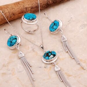 Handmade Turquoise Midyat Woven Tassel 925 Sterling Silver Jewelry Set