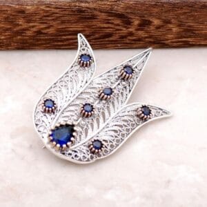 Handmade Sapphire Tulip Filigree 925 Sterling Silver Brooch