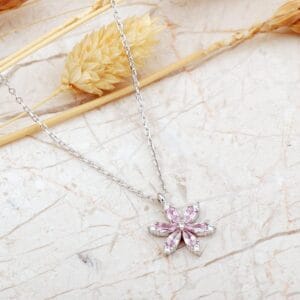 Handmade Pink Zircon Lotus Flower 925 Sterling Silver Necklace, Minimalist Rhodium Plated Floral Pendant, Romantic Gemstone Jewelry