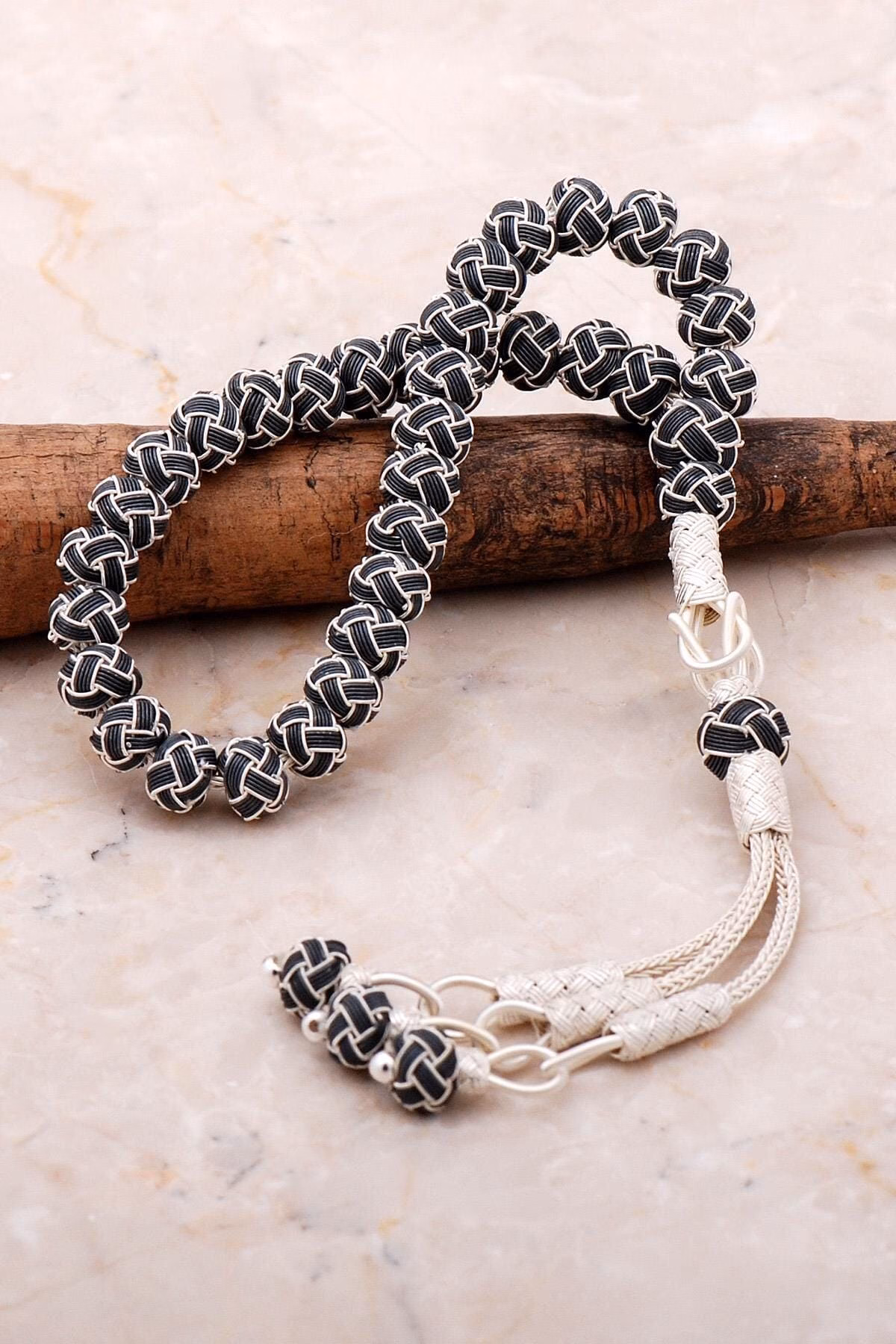 Handmade Kazaziye Silver Prayer Beads Two Tone Woven Rosary Tesbih