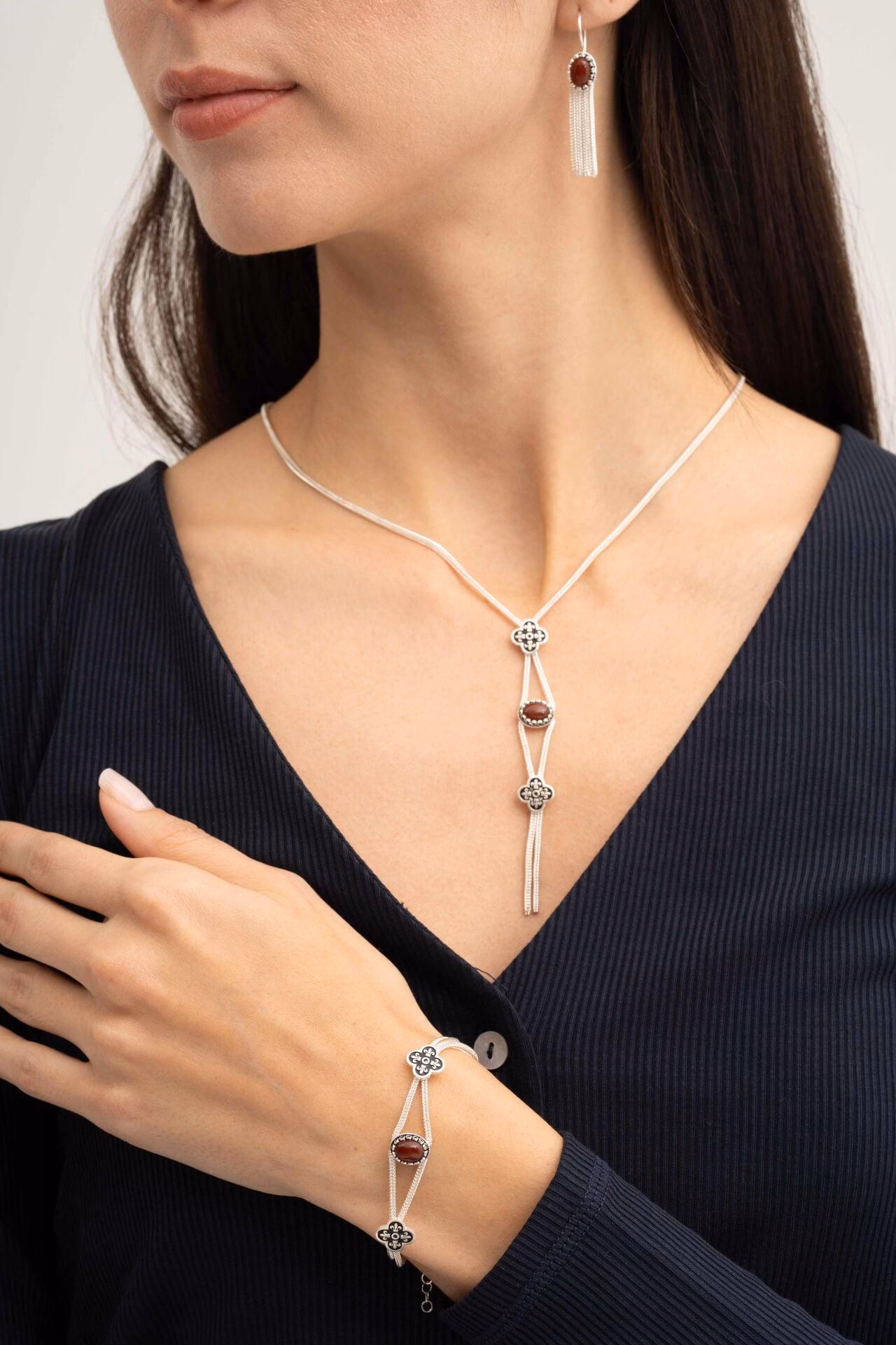 Handmade Agate Clover 925 Sterling Silver Jewelry Set Midyat Woven - Image 2