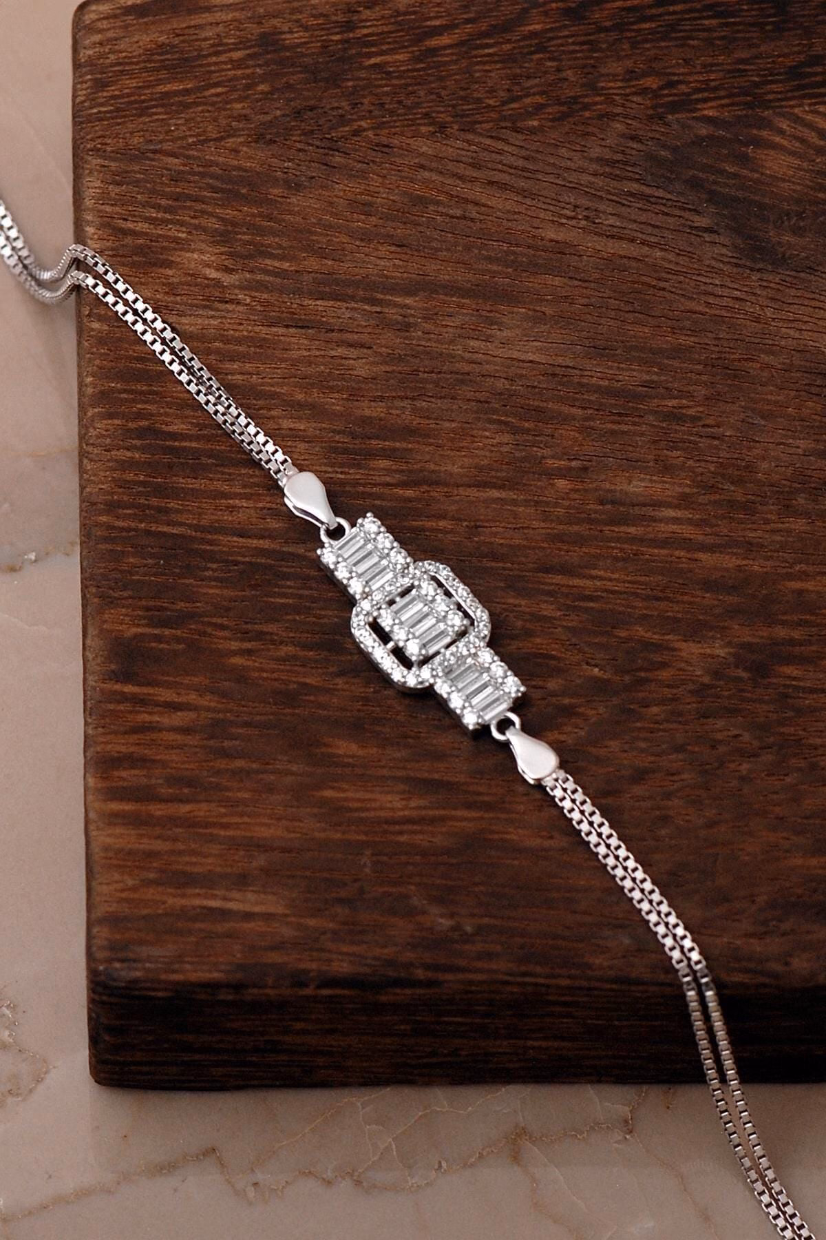 Handmade Baguette Zircon Geometric 925 Sterling Silver Bracelet - Image 2