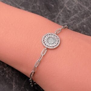 Handmade Baguette Zircon Paperclip Link 925 Sterling Silver Bracelet