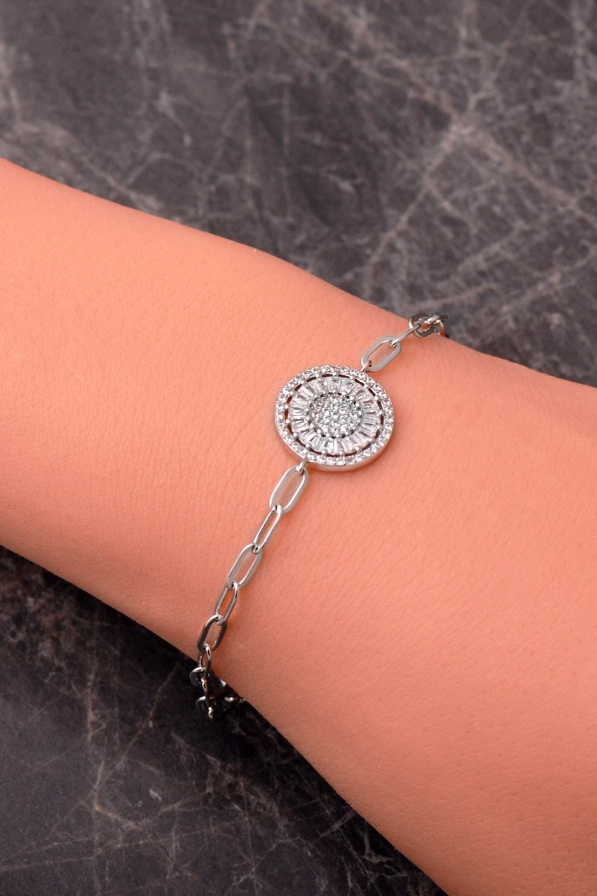 Handmade Baguette Zircon Paperclip Link 925 Sterling Silver Bracelet