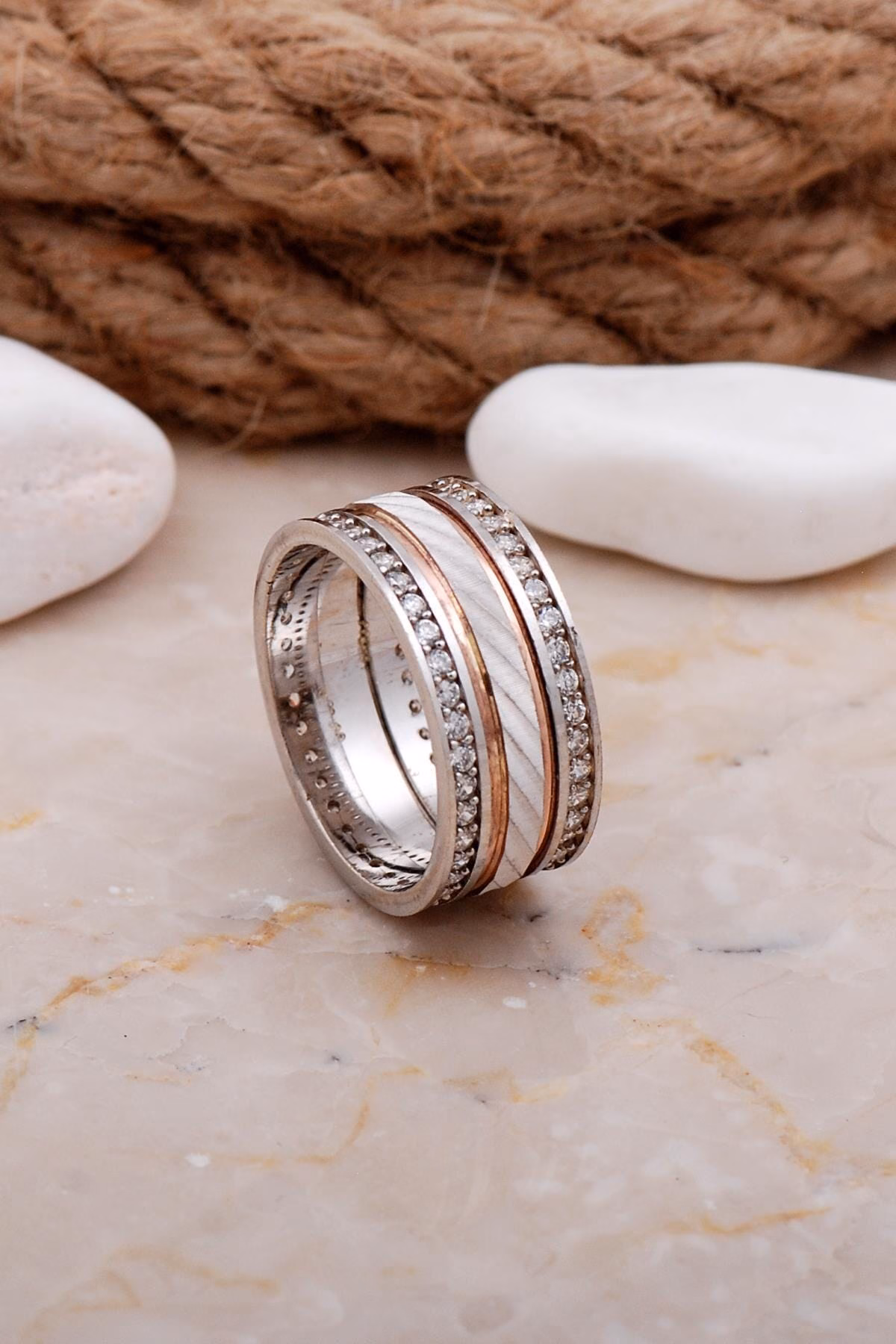 Handmade Cubic Zirconia 925 Sterling Silver Wedding Band Wide Statement Ring