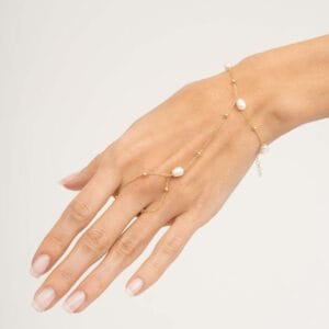 Handmade Pearl Gold Plated 925 Sterling Silver Hand Chain Ring Bracelet Elegant Boho Sahmeran Slave Bracelet Gift for Her