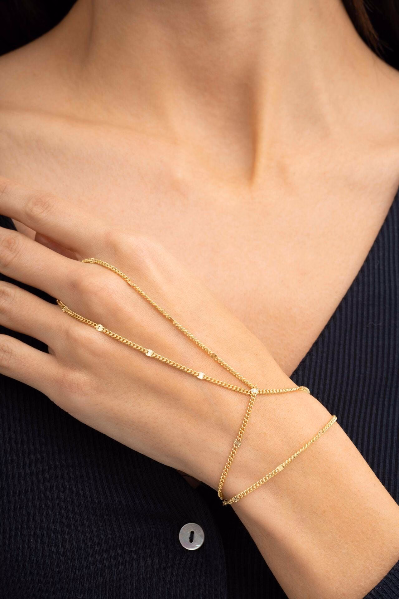 Handmade Gold Plated 925 Sterling Silver Hand Chain Double Wrap Sahmeran Bracelet - Image 2