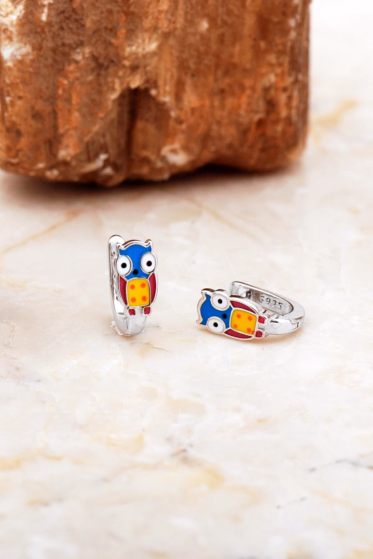 Handmade Enameled Owl 925 Sterling Silver Kids Stud Earrings