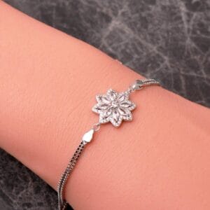 Handmade Lotus Flower Silver Bracelet 925 Sterling Zircon Gemstone