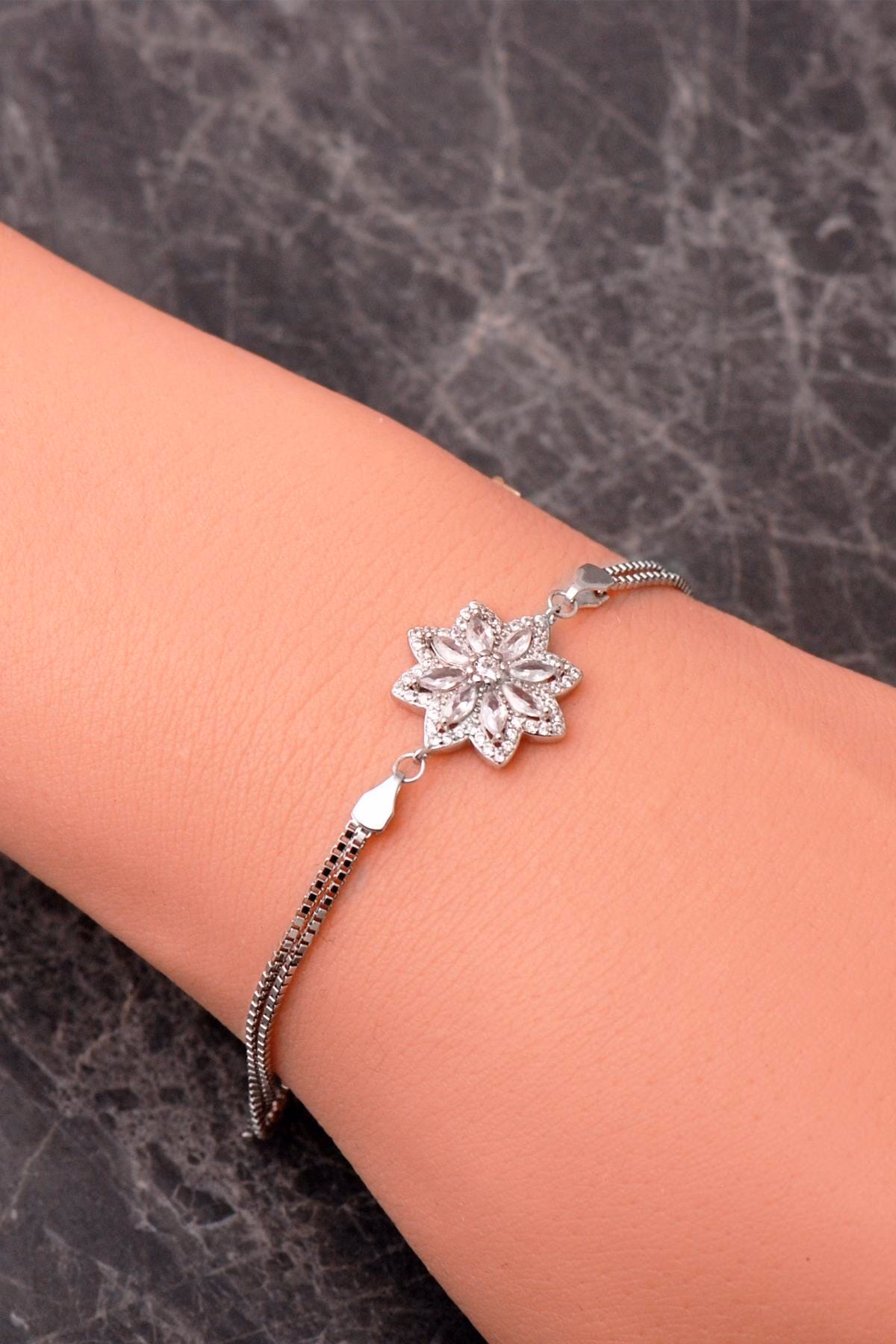 Handmade Lotus Flower Silver Bracelet 925 Sterling Zircon Gemstone