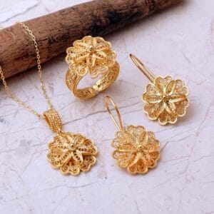 Handmade Filigree Daisy 925 Sterling Silver Jewelry Set Vintage Floral Ring Earrings Pendant Necklace
