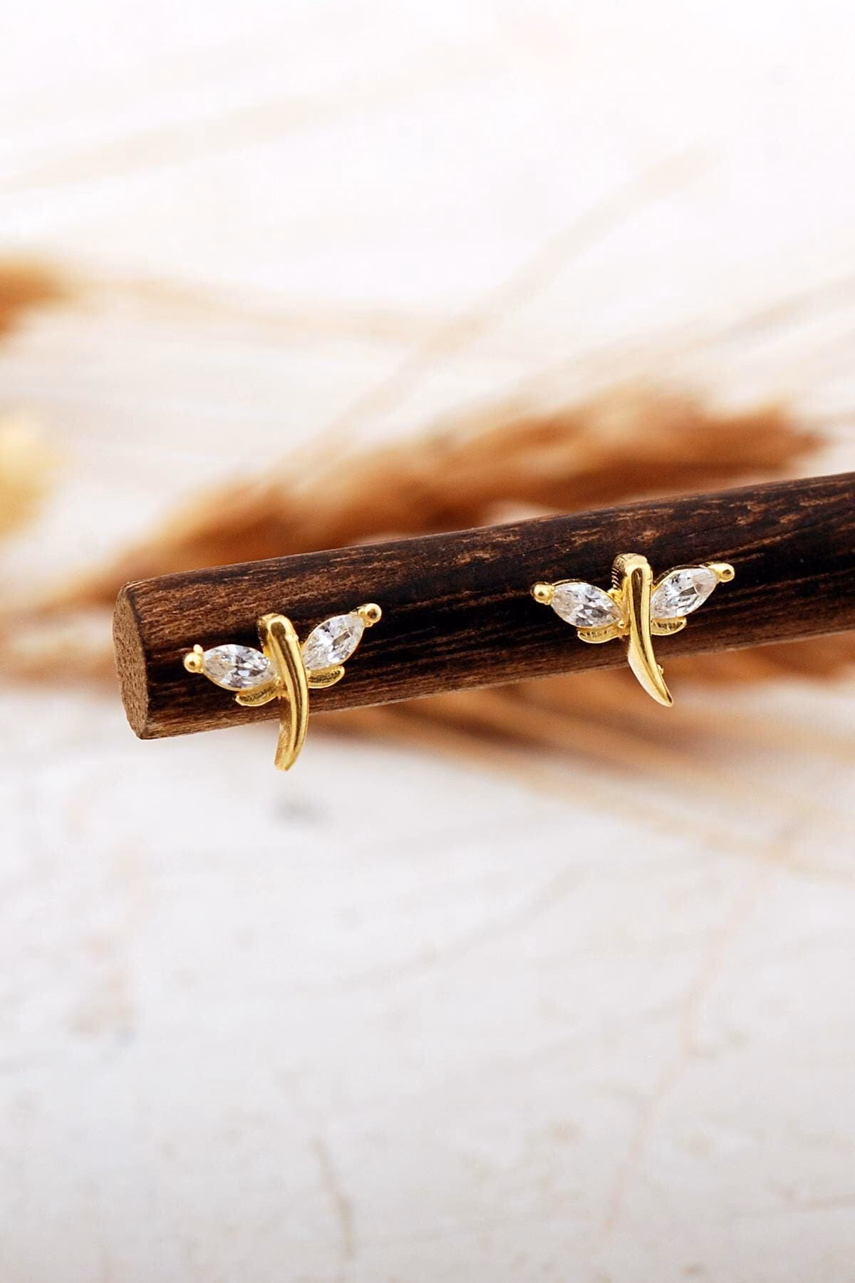 Handmade Dragonfly Stud Earrings 925 Sterling Silver Gold Plated Mini Post Earrings