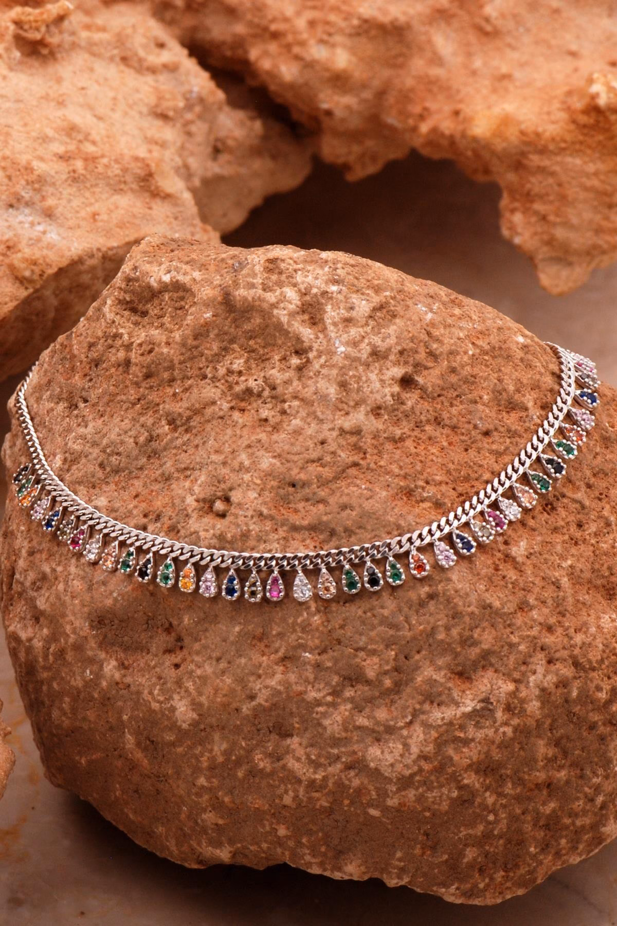 Handmade Multicolor Zircon Curb Chain 925 Sterling Silver Anklet, Sparkly Gemstone Ankle Bracelet for Women - Image 2