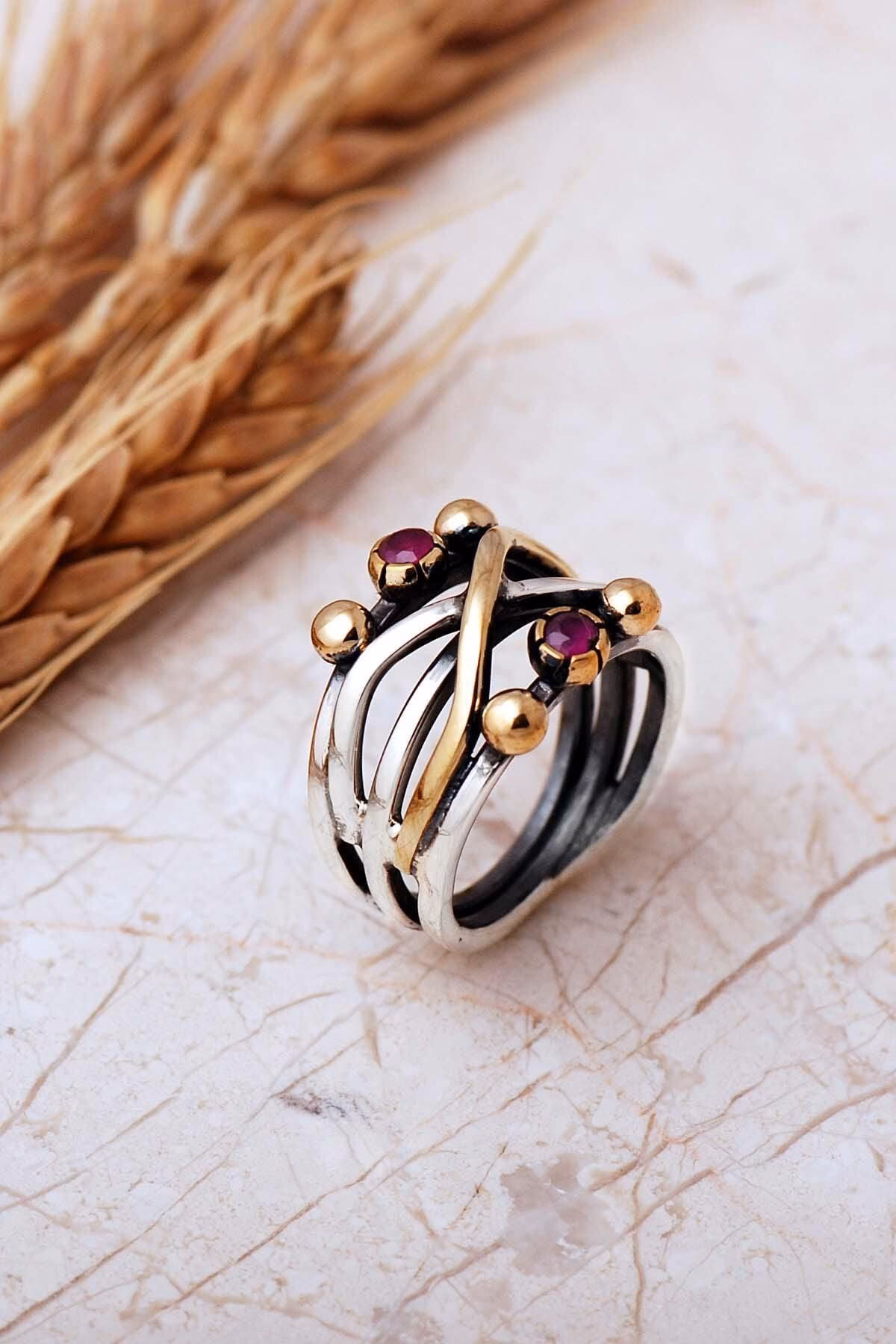 Handmade Gemstone 925 Sterling Silver Ring Vintage Boho Two Tone Ring - Image 2