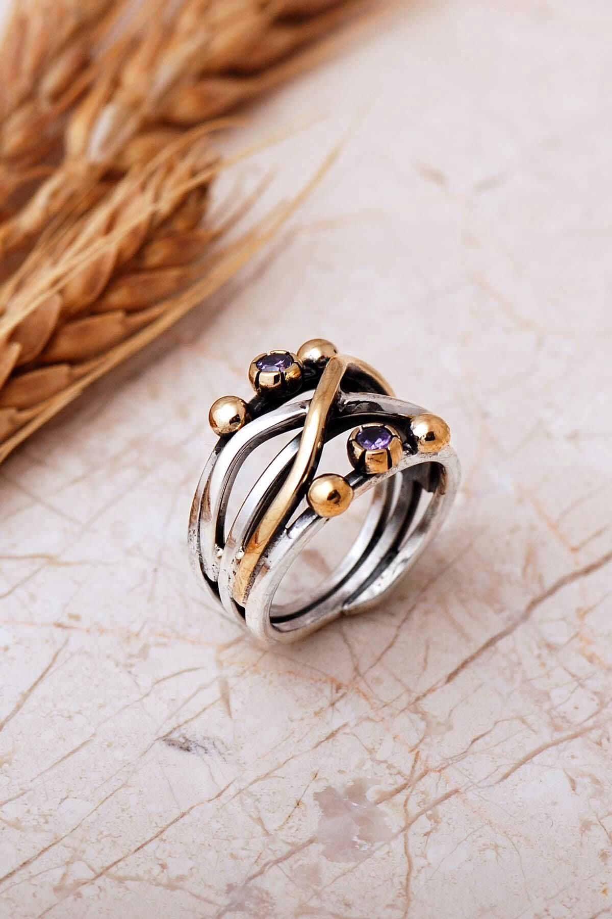 Handmade Gemstone 925 Sterling Silver Ring Vintage Boho Two Tone Ring - Image 5
