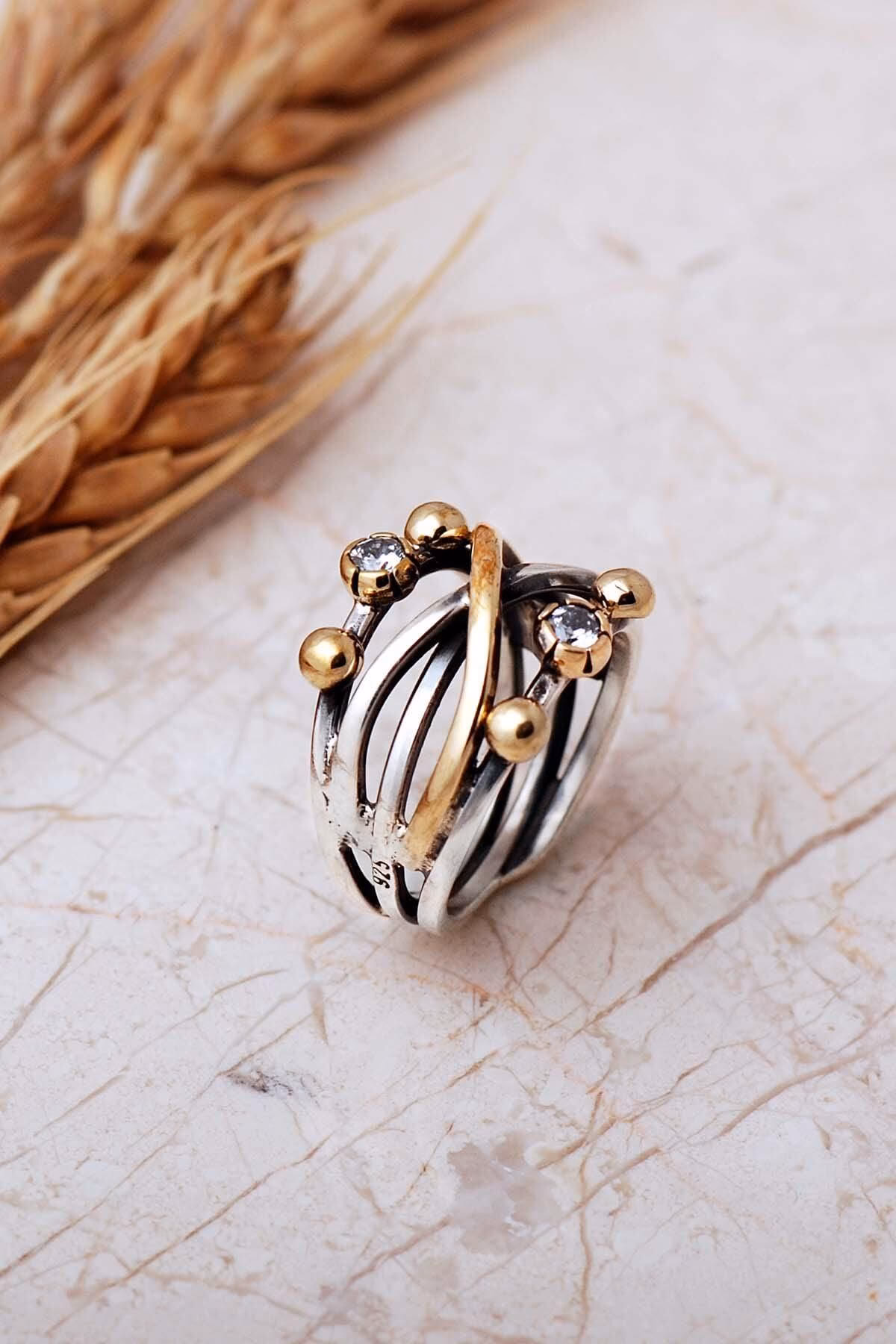 Handmade Gemstone 925 Sterling Silver Ring Vintage Boho Two Tone Ring - Image 6