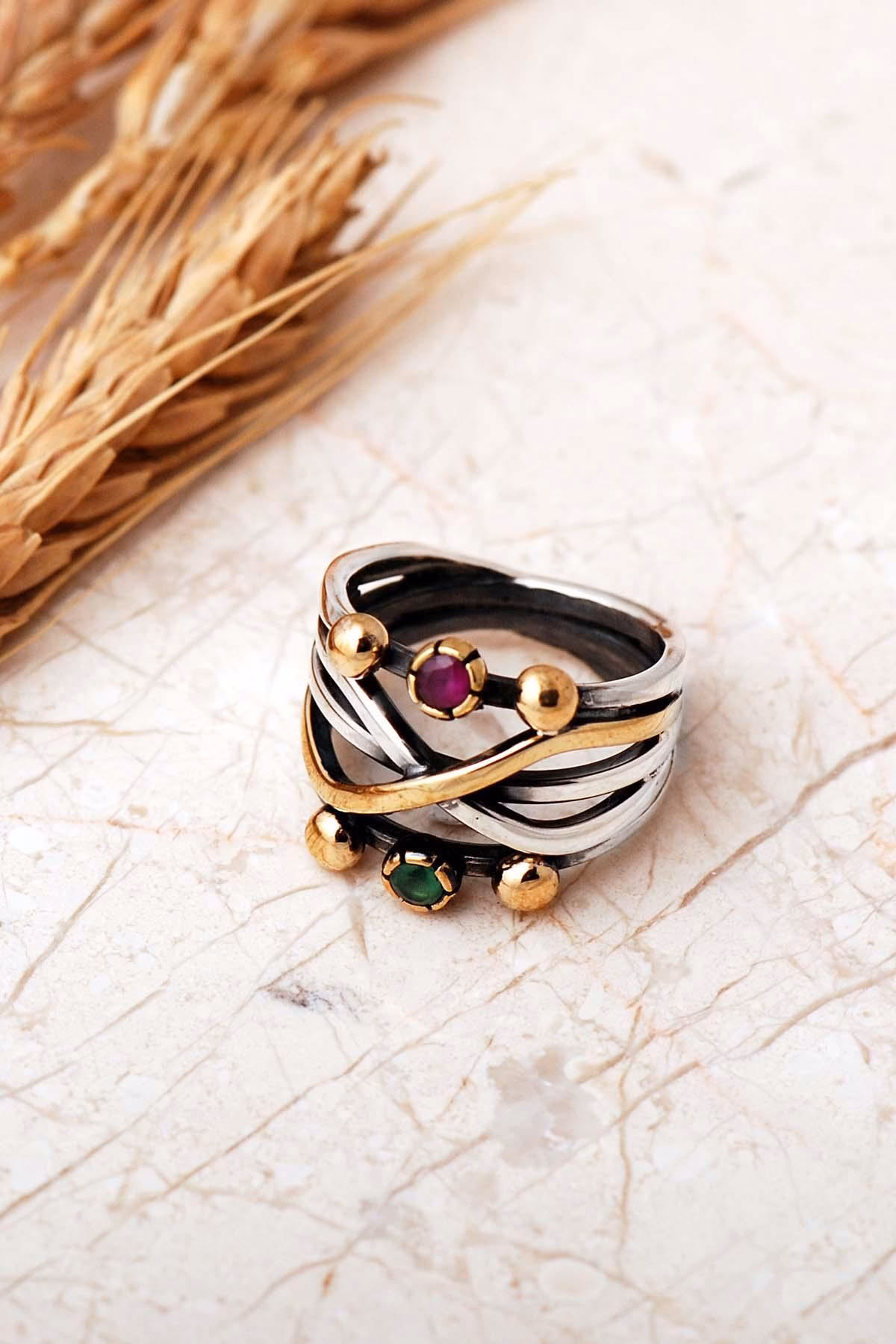 Handmade Gemstone 925 Sterling Silver Ring Vintage Boho Two Tone Ring - Image 7