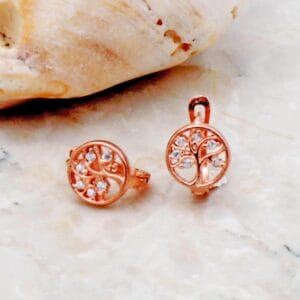 Handmade Zircon Tree of Life Rose Gold Plated 925 Sterling Silver Minimal Earrings