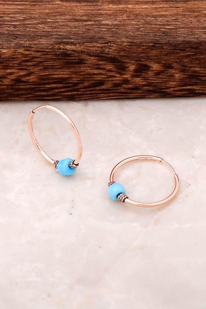Handmade Rose Gold Turquoise Hoop Earrings 925 Sterling Silver