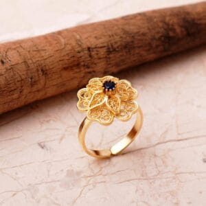 Handmade Gold Plated Flower Filigree Ring 925 Sterling Silver Adjustable Gemstone Ring