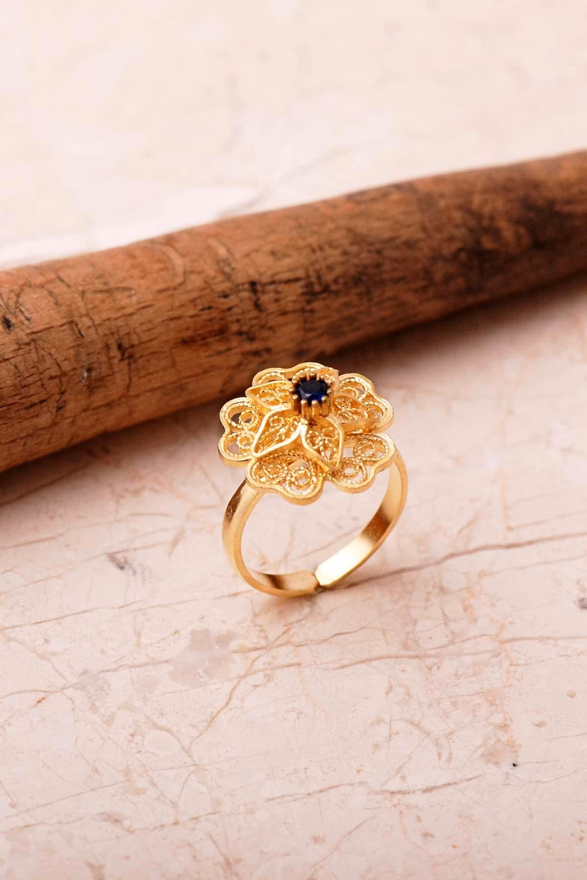 Handmade Gold Plated Flower Filigree Ring 925 Sterling Silver Adjustable Gemstone Ring