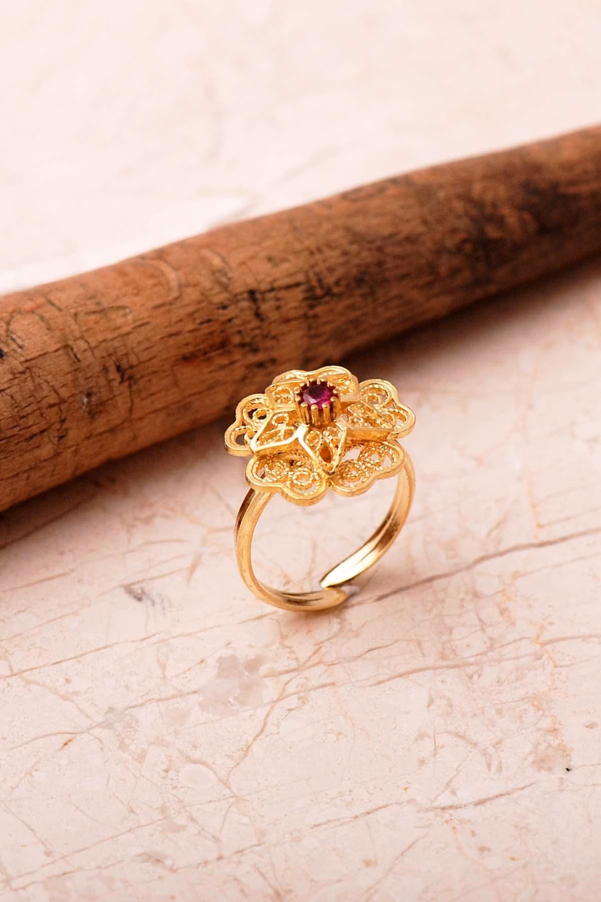 Handmade Gold Plated Flower Filigree Ring 925 Sterling Silver Adjustable Gemstone Ring - Image 3