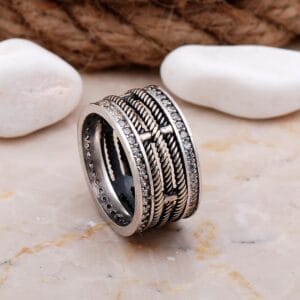 Handmade Cubic Zirconia Wide Silver Ring 925 Sterling Silver Statement Wedding Band for Women