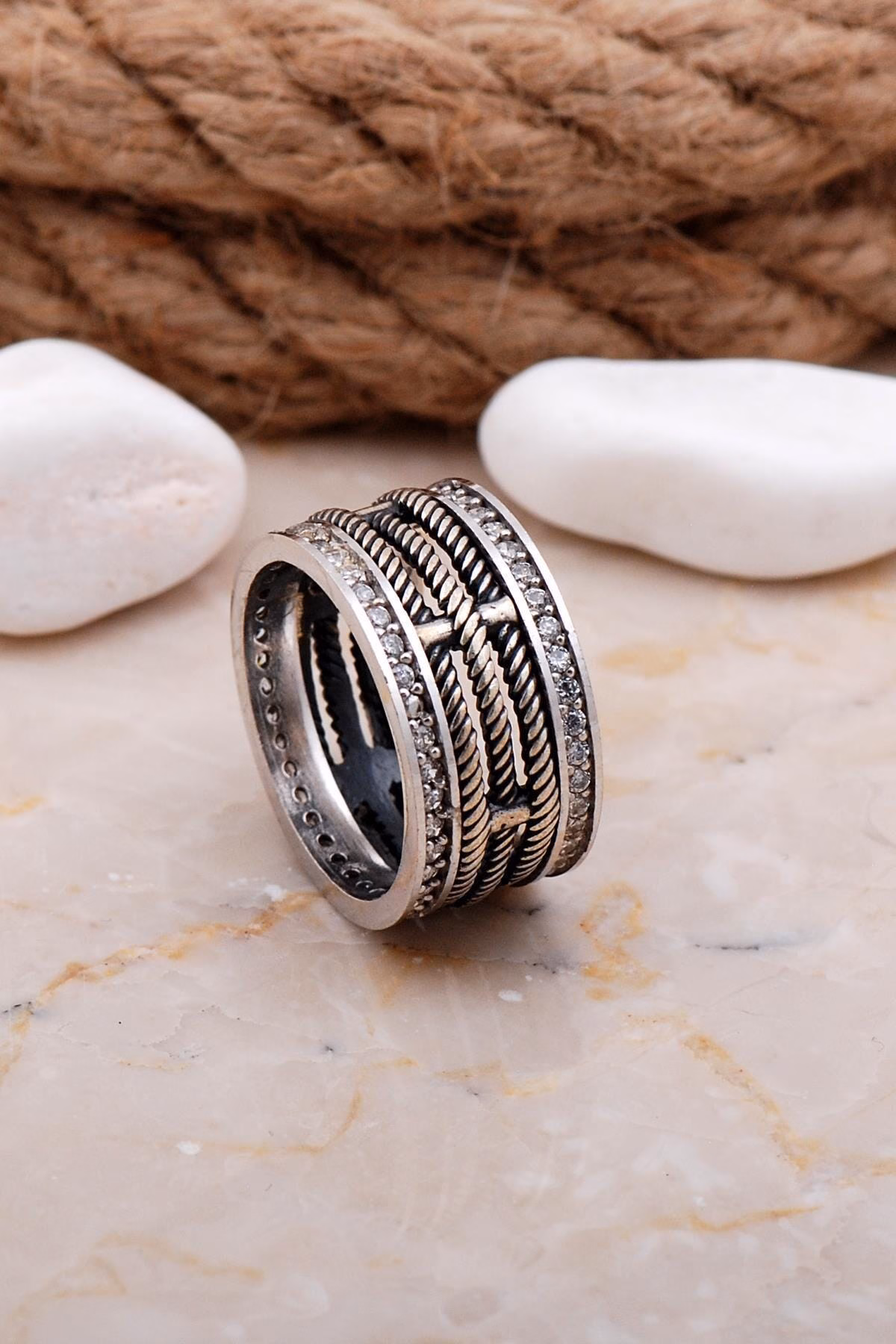 Handmade Cubic Zirconia Wide Silver Ring 925 Sterling Silver Statement Wedding Band for Women