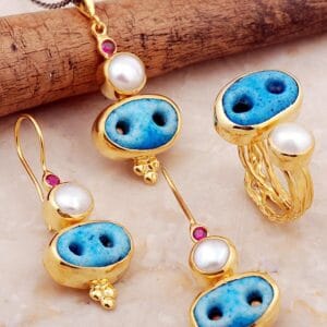 Handmade Syriac Evil Eye Silver Jewelry Set Gold Plated Pearl Ruby