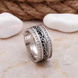 Handmade Zircon Stone Ring 925 Sterling Silver Wide Wedding Band
