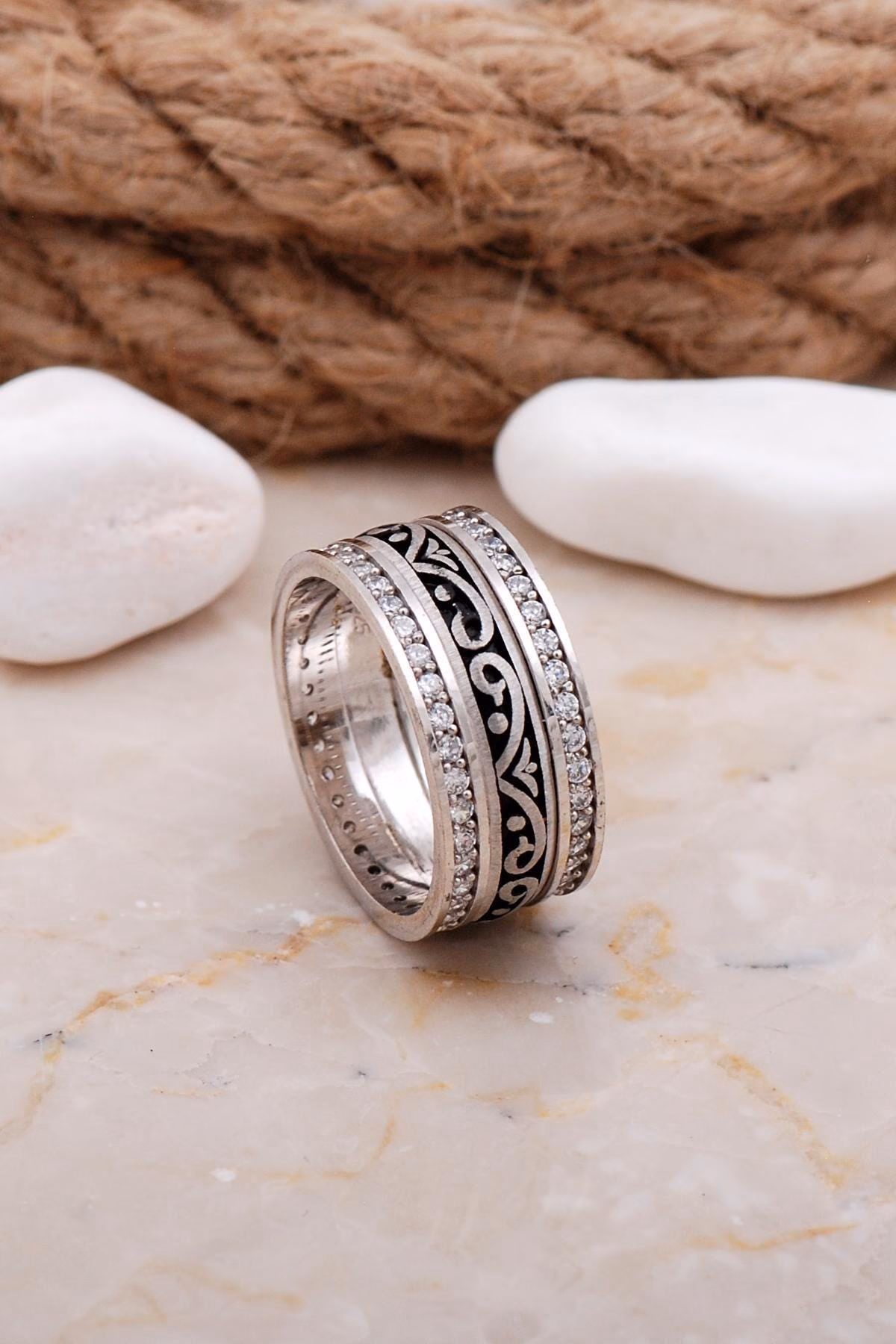 Handmade Zircon Stone Ring 925 Sterling Silver Wide Wedding Band