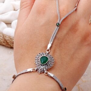 Handmade Emerald Root Filigree 925 Sterling Silver Hand Harness Bracelet